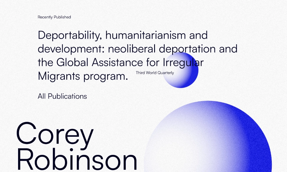 A screen-cap of Corey’s homepage, showing his full name, and excerpt from his most recent publication. In the background large blue shaded spheres give a subtle reference to his research focus on migration.
